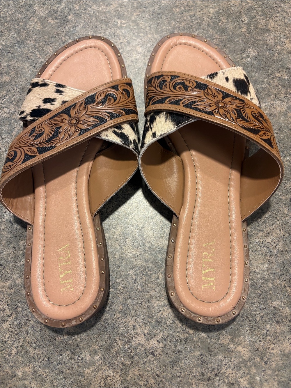 Myra Bag Brown Tooled Leather & Black-White Hair-On Slide Sandals